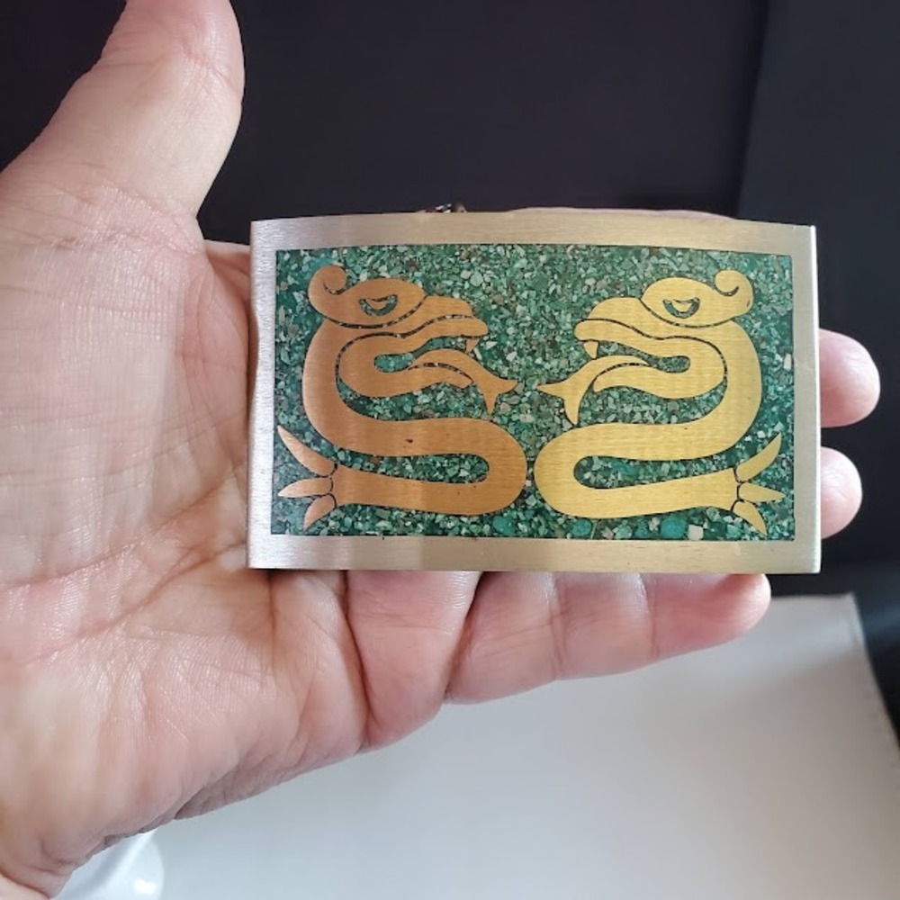 Vintage Alpaca Mexico Belt Buckle Turquoise Chip Inlay Brass Double Dragon